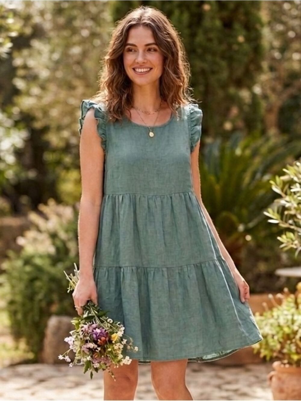 Vanessa Zani Tiered Linen Mini Dress Medium Green Made In Italy Beach Vacation